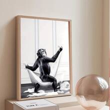 1pc, Canvas Hanging, Framed Decorative Painting, Poster, Wall Art, Monkey Taking Bath Canvas Art Print, Wall Hanging Decoration, Animal Themed Canvas Ink Artwork For Home Office, Bathroom, Living Room - Decorative Art, Modern Vintage Style, Black And White Cartoon Chimpanzee Poster Gifts Birthday Graduation