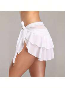 Women Beach Skirt, Solid Color Chiffon Cover Up Bikini Skirt, Bandage Sarong Bathing Suit Swimsuit - White - View 4
