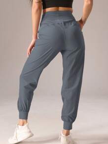 1Pc Women Sports Style Pleated Solid Color Casual Long Pants Tights - Dusty Blue - View 3