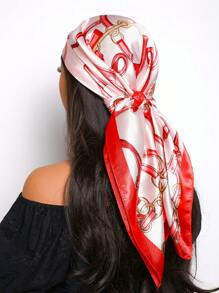 1pc Women Elegant Vintage Chain Pattern 90cm Square Scarf, Versatile Bandana Suitable For Casual And Street Style Outfit, Can Be Used As Scarf, Headband, Head Wrap