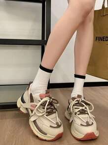 Running Shoes New Platform Thick Sole Wedge Shoes, Women Casual Breathable Mesh Sneakers Fashion Leather Patchwork College Student Shoes, Women Millic Style Street Snap Outdoor Shoes,Women's Height Increasing Thick Sole Small Versatile Casual Women's Fashion Brand Sports Shoes Casual Shoes Women's Shoes - Apricot - View 5