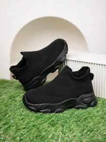 1 Par de Tênis de Malha Infantil, Sapatos de Corrida Respiráveis de Tela, Slip-On Conveniente, Leve, Sapatos Casuais da Moda para Estudantes - Preto - Visão 2