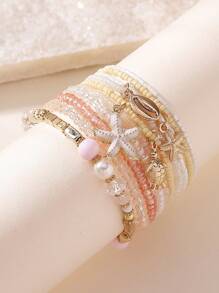 10pcs/Set Bohemian Ocean Style Dolphin, Starfish, Turtle, Shell Beaded Elastic Bracelets, Suitable For Women, Beach Holiday, Personalized Accessories, Holiday Gift