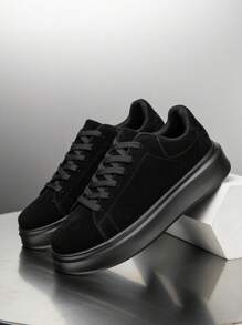 Giày thể thao thường ngày buộc dây màu tương phản đen trắng cổ điển cho nam, giày đế xuồng thoải mái họa tiết chữ thời trang, giày đôi - màu đen - Xem 4