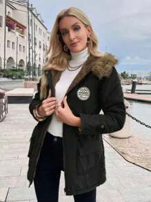 Abrigo de polar de algodón con capucha y cordón para mujer, chaquetas para mujer - Negro - Ver 3