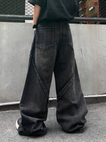 1pc Men's Distressed Vintage Wash Deconstructed Patchwork Wide Leg Jeans (Product Does Not Include Belt And Accessories) - Black - View 8