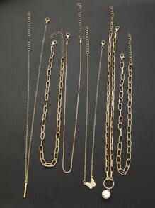 7pcs Set Elegant Vintage Stylish Pearls Crystal Rhinestone Heart Geometric Vertical Stripe Chain Minimalist Metal Pendant Multilayer Necklace, Fashion Jewelry Gift Set For Holiday Party Date Daily Wear - Yellow Gold - View 6