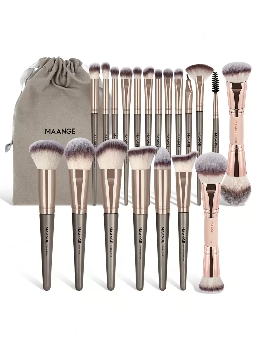 MAANGE 18-20件套化妆刷套装，包含散粉刷、腮红刷、遮瑕刷、修容刷、眼影刷、眉刷、眼线刷，附赠1个粉色天鹅绒收纳袋，适合旅行携带。