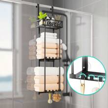 HapiRm Towel Rack Bathroom Storage - 3 Tier Over The Door Towel Rack With Metal Shelf Basket And 6 Hooks Wall Mount Towel Holder Rolled Towel Organizer For Small Bathroom Black