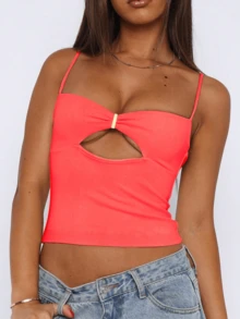 女士纯色镂空荷叶边修身吊带背心，性感Y2K风格，适合夏季音乐节，优雅迷人 - 淺粉色 - 查看 4