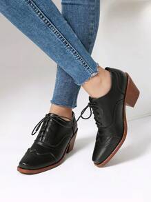 黑色高跟布洛克鞋系带西部牛仔风格女鞋 - 黑色 - 查看 3