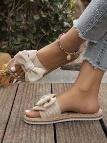 Dép xăng đan đế bằng trang trí nơ cho nữ, dép lê mùa hè nhẹ nhàng cho nữ, giày đi biển thoải mái và thời trang cho nữ, dép hở mũi cho nữ, dép xỏ ngón rộng rãi cho nữ - Màu be - Xem 6