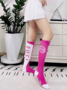 1 par de calcetines de compresión personalizados de nylon, de moda y en bloque de colores locos, para correr y deportes, de secado rápido y transpirables por encima de la rodilla, para festivales