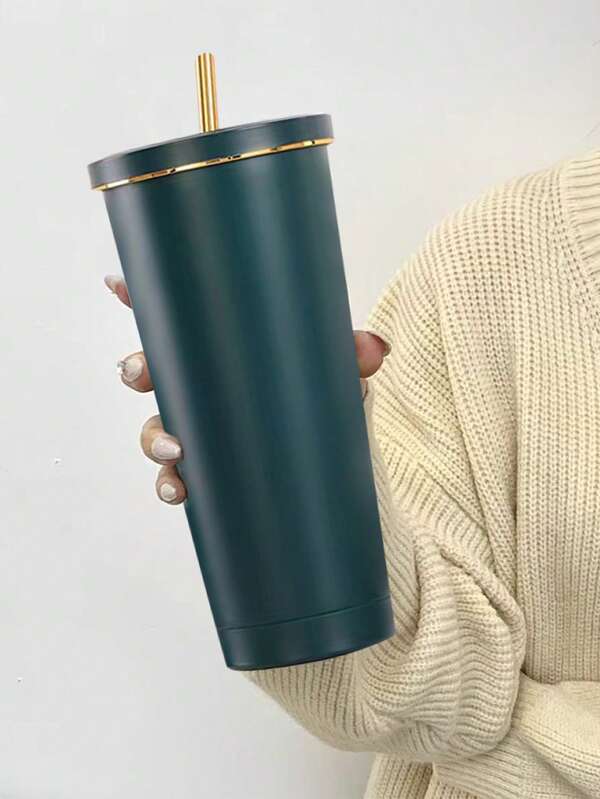 1pc Dark Green Stainless Steel Vacuum Insulated Tumbler With Straw, Large Capacity Travel Coffee Mug, Gift