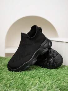 1 Par de Tênis de Malha Infantil, Sapatos de Corrida Respiráveis de Tela, Slip-On Conveniente, Leve, Sapatos Casuais da Moda para Estudantes - Preto - Visão 5
