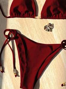 2026 New Women's Beach Style Swimsuit, Red Glossy Halter Sexy Bikini Set, Side Tie 2 Pieces, Suitable For Women - Burgundy - View 3