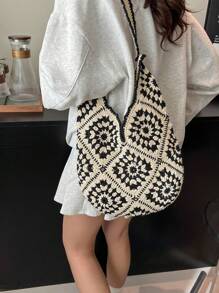 女士编织向日葵图案手提包，大容量软肩手提包，时尚优雅，适合度假 - 黑色 - 查看 5