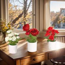 2/3 piezas Decoraciones con maceta de flor de rosa artificial, decoración para fiesta y festival, apto para gabinete, mesa de comedor, sala de estar, estante de TV