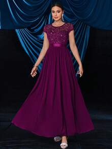 MIUSOL 优雅亮片花卉蕾丝撞色荷叶边雪纺晚宴派对长裙 - 紫紅色 - 查看 7