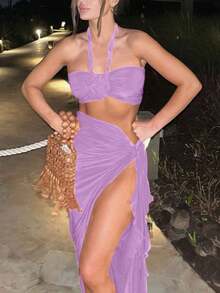 Women 2Pcs Set: Solid Color Floral Applique Bandeau Top And Skirt - Purple - View 5