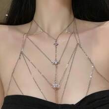 优雅银色锆石几何多层性感身体链，高端简约小众优雅全身比基尼锁骨链 - 銀色 - 查看 5