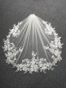 1 Pc Pearl Fingertip Length 37.4inch(95cm) Lace Floral Wedding Bridal Veil With Metal Comb For Wedding Party White Ivory