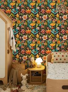 1 rouleau de papier peint rétro épais à motif de fleurs peintes de style dessin animé, simple et adapté à la décoration de la maison, des armoires de cuisine, des tables et des chaises, des fonds de pièce, de la rénovation de la maison, du DIY, résistant à l'eau et aux taches, facile à nettoyer, autocollant, à décoller et à coller, stickers muraux, décoration murale pour la chambre, la salle de bain, la chambre, la pièce, le salon, la maison