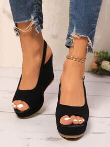 2026 New Fashion Women's One-Buckle Bow Rhinestone Decor Adjustable PU Strap Thick Sole Wedge Heel Classic Sandals - Black - View 4