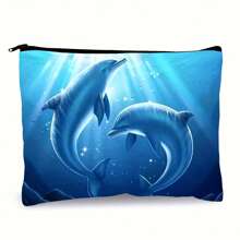 1 pièce Sac à maquillage pliable avec imprimé charmant de dauphin et baleine - essentiel pour les sorties, minimaliste et élégant avec fermeture éclair - en matériau de canevas, impression recto-verso - organisateur de cosmétiques de voyage parfait et cadeau pour les amateurs de dauphins, accessoires de dauphin, organisateur de toilette