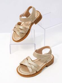 1 Pair Girls' Cute Hook And Loop Flat Sandals, Suitable For Home, Daily Wear, Outings, And Beach Vacations, Spring/Summer - Gold - View 2