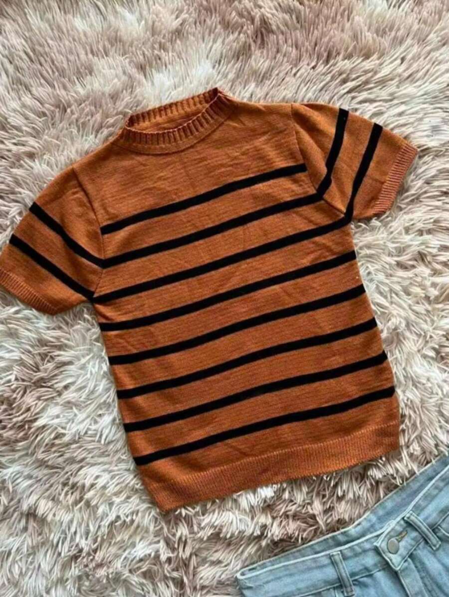 Striped Knit Blouse Short Sleeve High Elasticity Summer Modal Premium - Black Caramel - View 1