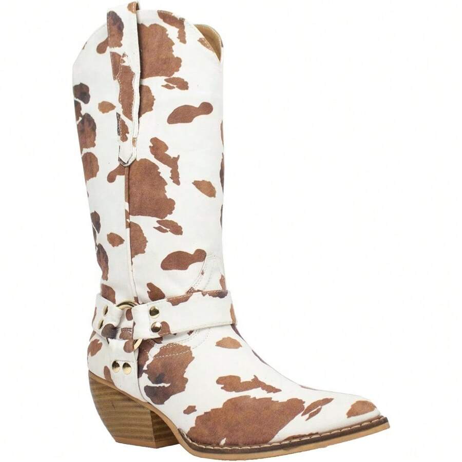 ARiderGirl Evon Women's Western Cowboy Mid Calf Booties Pointed Toe Pull On Metal Buckle Mid Heel Cow Print Boots - Bò Trắng Nâu - Xem 1