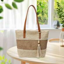 Women Large Capacity Tote Bag Fashion Trendy Tassel Beach Shoulder Bag Handbag for Travel Daily Shopping - Beis - Ver 2