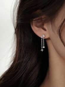 1 Pair Minimalist Silver Sparkly Star Tassel Earrings, Fashionable Unique Design Women Gift Earrings