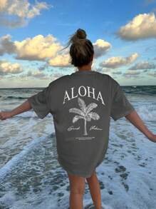 女士春夏新款棕榈树标语印花休闲圆领短袖T恤，时尚度假风，日常必备单品。图案T恤，女士白色上衣，黑色上衣，粉色上衣，度假装扮