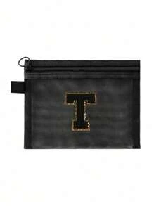 Black Mesh Bag, Large Capacity With Name Initials, Towel Embroidered Letters A-Z, Transparent Mesh Cosmetic Storage Bag, Multi-Functional Travel Portable Bag, Lipstick Skincare Product Storage Washing And Makeup Bag, Student Stationery Bag, Mesh Zipper Bag, Travel Cosmetic Packaging Storage Bag, Simple And High-End, Accessory Storage, Suitable For Dormitory Storage, Travel, Business Trip, Swimming, Home Storage Make Up Bag - Black - View 17