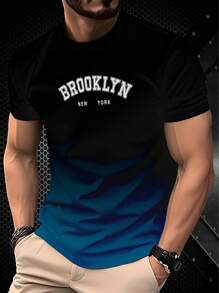 渐变印花和字母图案男士圆领短袖时尚休闲 T 恤，百搭 - 黑色 - 查看 1