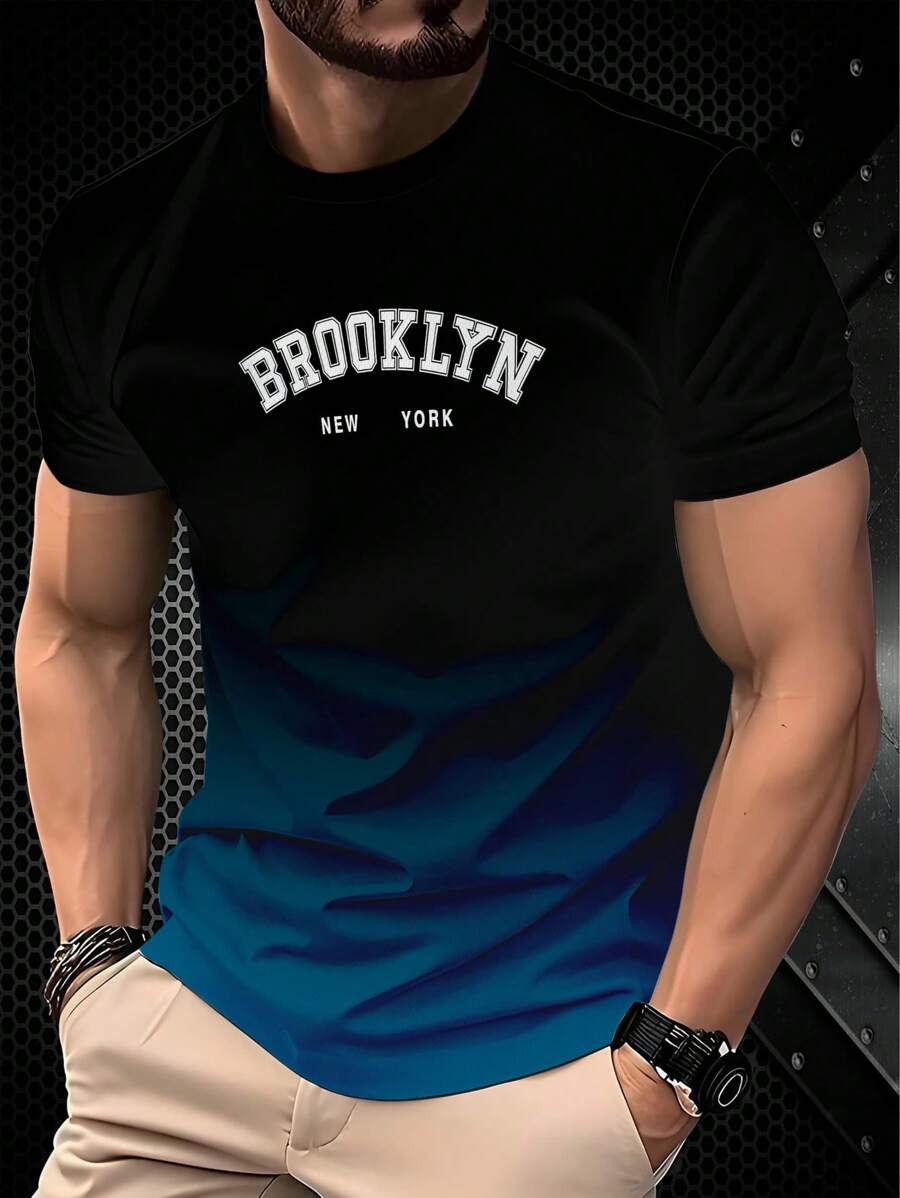 渐变印花和字母图案男士圆领短袖时尚休闲 T 恤，百搭 - 黑色 - 查看 1