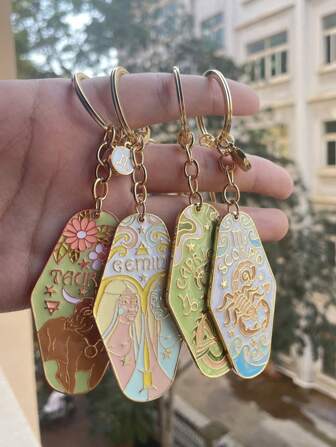 1pc Boho 12 Constellation Floral Car/Hotel Key Chain, Metal Enamel Keyring, Perfect Gift For Family, Friends, Colleagues, Partners, Birthdays Car Accessories Bag Charm School Cute Goth Y2k Christmas