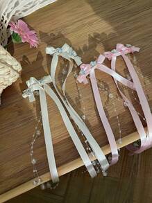 2 Pcs Sweet Style Butterfly Rhinestone Hair Clips With Flowing Ribbon, Fabric Hair Clips, Suitable For Children Ages 14+, Solid Color Hair Accessories Set