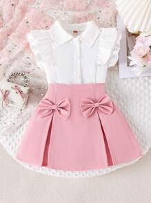 Set de 2 piezas con blusa sin mangas con volantes y falda con decoración de lazo, atuendo veraniego para niña