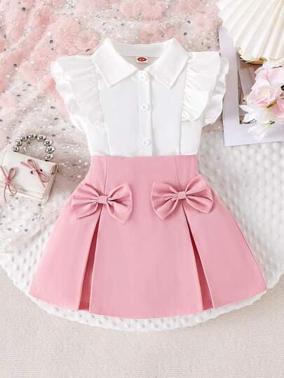2pcs/Set Young Girl' Cute Sweet Ruffle Trim Sleeveless Top & Bow Decor Skirt Outfit, Summer