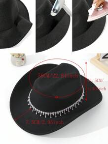 1pc Unisex Rhinestone Decor Boho Ridge Cowgirl Hat Beach Hat Panama Hat Sun Hat Cowboy Hat Jazz Hat Soft Felt Hat Fedora Hat For Outdoor - Black - View 5