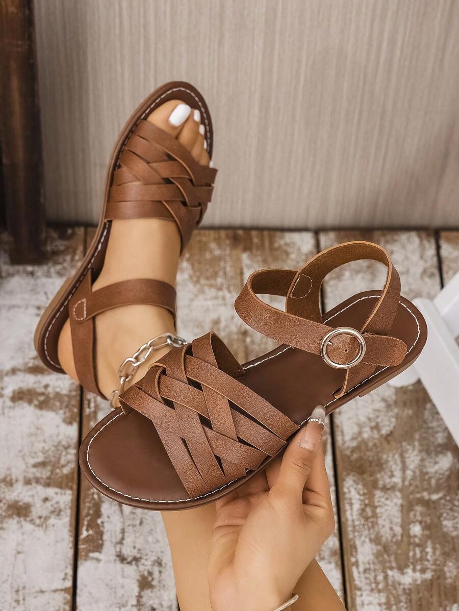 Sandálias de elástico marrom para mulheres, novos sapatos de praia casuais de verão, confortáveis e planos, sapatos de lazer estilo férias da moda para uso diário - Castanho - Ver 1
