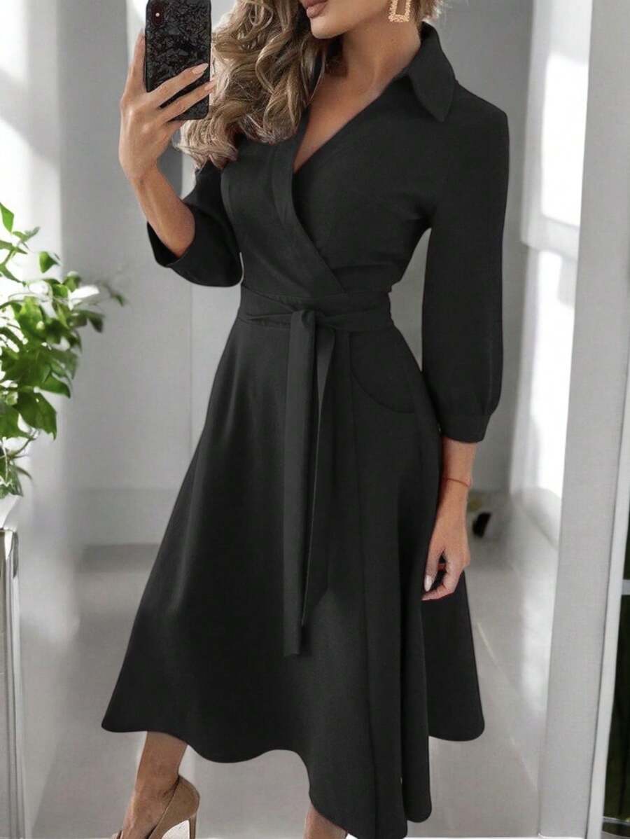 Elegant Women's Long Wrap Dress With Ribbon To Adjust And Detail On Neck, Ideal For Dinners Or Parties - 黑色 - 查看 1