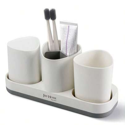 3 Stücke Badezimmer-Accessoire-Set aus Kunststoff: Zahnbürstenhalter, Zahnputzbecher, Seifenspender und Schale, Toilette-Bürstenhalter, Mülleimer, Trinkglas mit Strohhalm, (Weiß, Beige)
