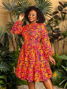 Faeriesty 加上别致的中长连衣裙，小圆领，长喇叭袖，和充满活力的几何印花 - 非常适合热带海滩派对，夏季度假装和度假（轻盈和不分季节的设计）夏季连衣裙春季服装 - 橘色 - 查看 7