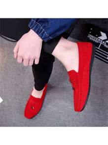 男士透气一脚蹬休闲皮革乐福鞋，轻便复古英伦风格莫卡辛鞋，夏季 - 紅色 - 查看 2