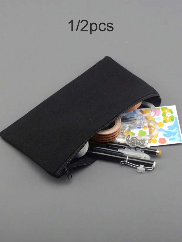 1/2pcs Canvas Solid Color Large Capacity Pencil Case Zipper Pencil Bag, Minimalist,Back To School,School Supplies,Pencil Pouch,School Bag