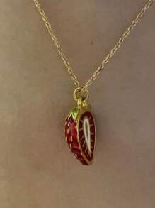 1 件镀金半草莓项链，适合夏季女孩的草莓珠宝项链，适合女性的草莓礼物，迷人项链 - 紅色 - 查看 1